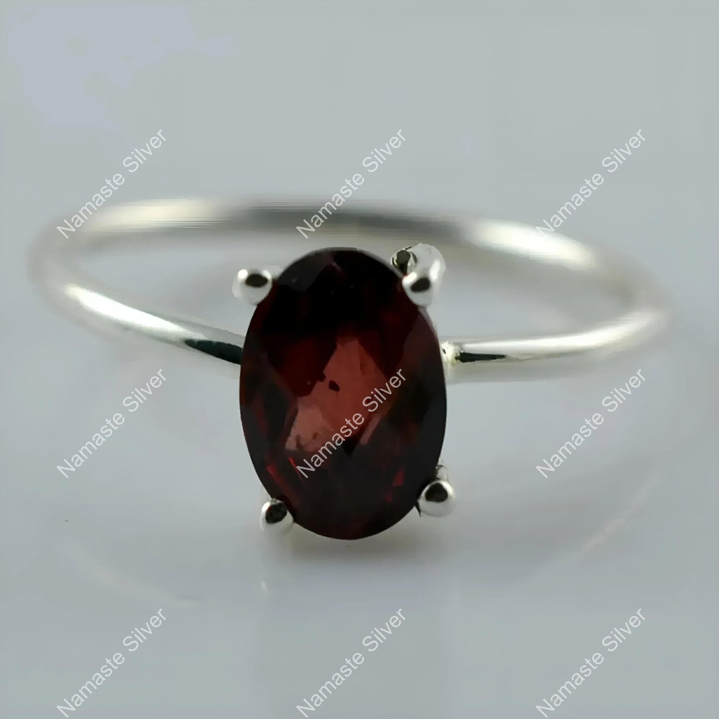 Garnet Ring, 925 Sterling Silver Dainty Promise Ring, Natural Garnet Checker Oval Handmade Jewelry, January Birthstone, Unique Gift for Her