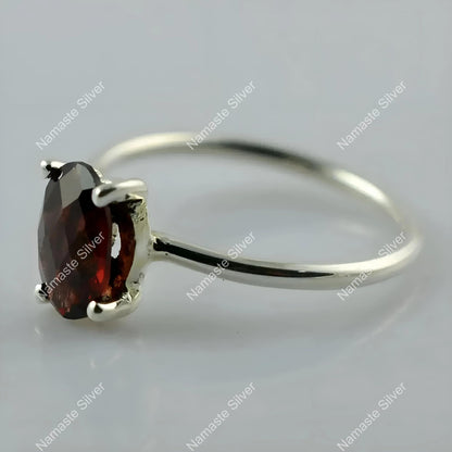 Garnet Ring, 925 Sterling Silver Dainty Promise Ring, Natural Garnet Checker Oval Handmade Jewelry, January Birthstone, Unique Gift for Her