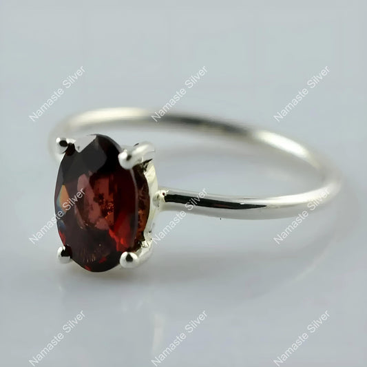 Garnet Ring, 925 Sterling Silver Dainty Promise Ring, Natural Garnet Checker Oval Handmade Jewelry, January Birthstone, Unique Gift for Her