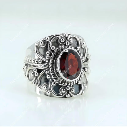 Garnet Ring, 925 Sterling Silver Statement Promise Ring, Handmade Natural Garnet Oval Gemstone Jewelry, January Birthstone,  Ring For Her
