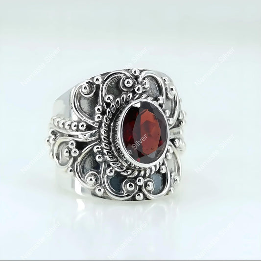 Garnet Ring, 925 Sterling Silver Statement Promise Ring, Handmade Natural Garnet Oval Gemstone Jewelry, January Birthstone,  Ring For Her