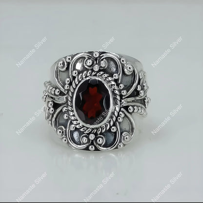 Garnet Ring, 925 Sterling Silver Statement Promise Ring, Handmade Natural Garnet Oval Gemstone Jewelry, January Birthstone,  Ring For Her