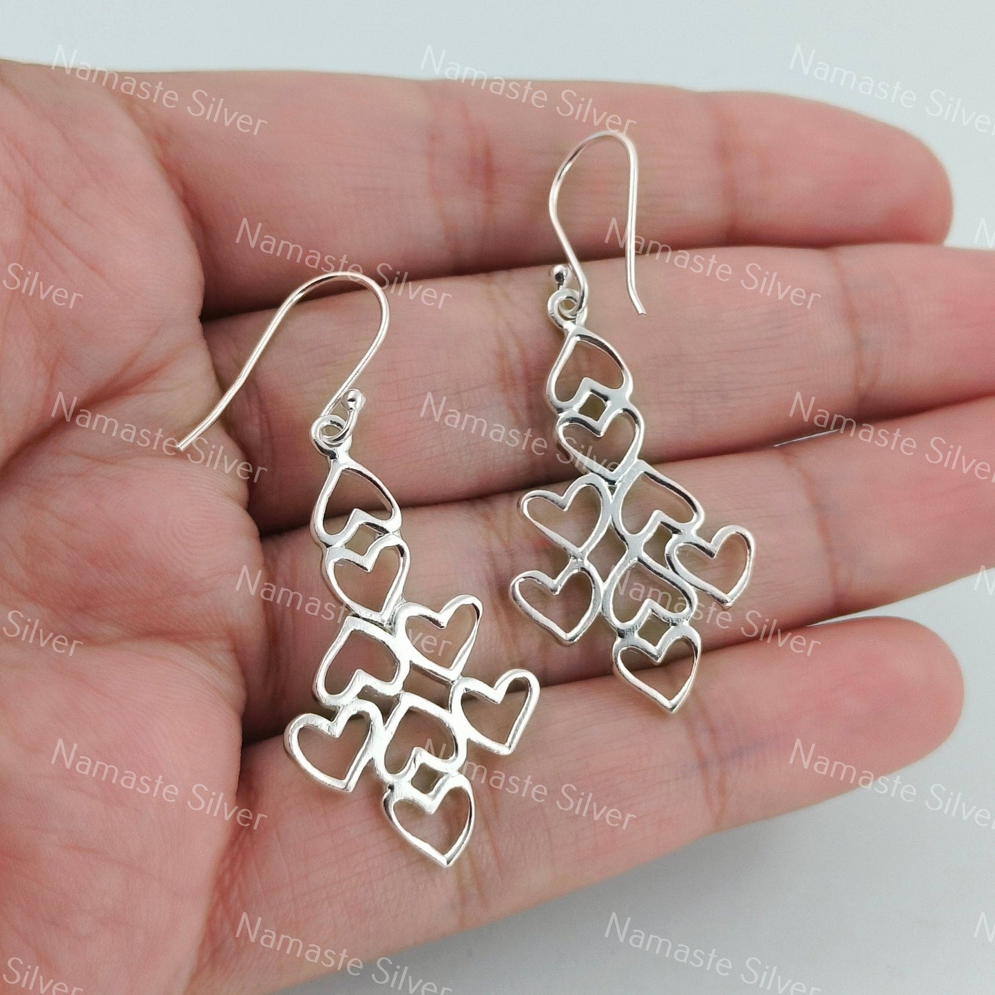 Geometric Heart Dangle Earrings, Handcrafted 925 Sterling Silver Heart Jewelry, Heart to Heart Dangle Earrings for Women, Gift For Her