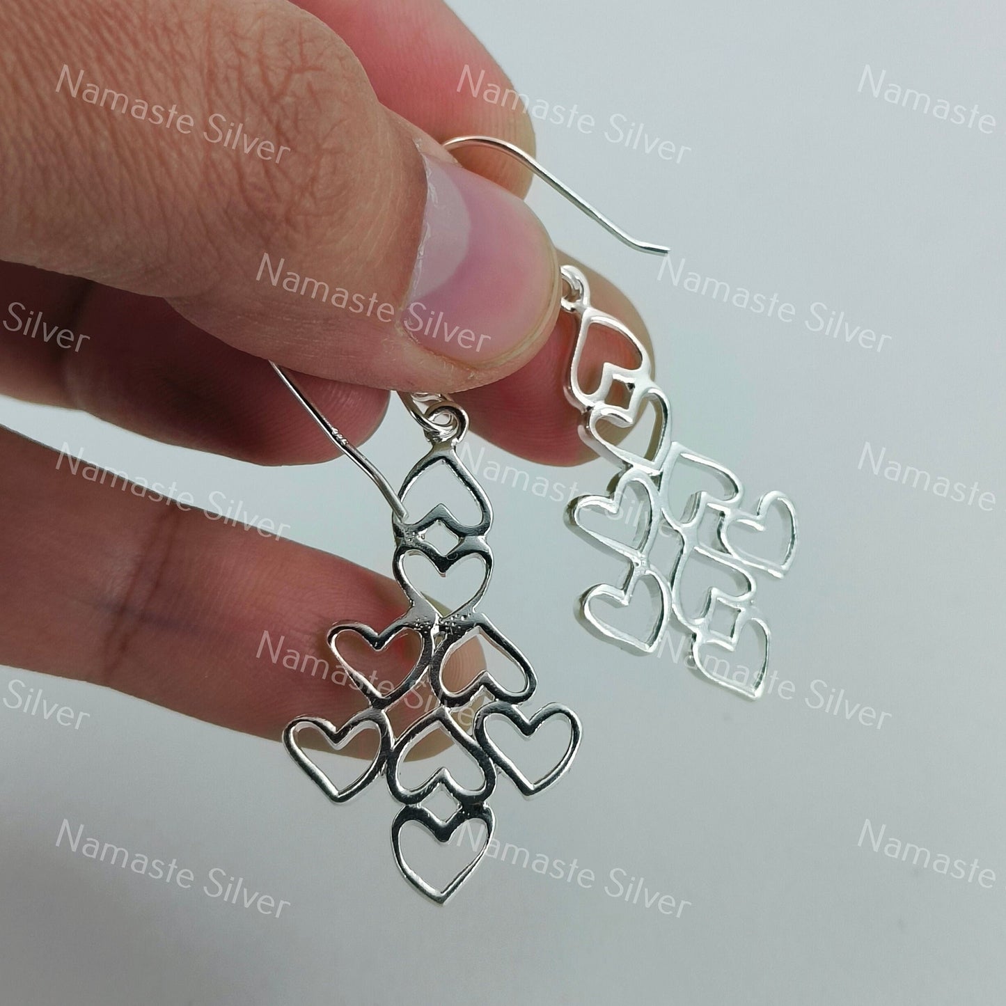 Geometric Heart Dangle Earrings, Handcrafted 925 Sterling Silver Heart Jewelry, Heart to Heart Dangle Earrings for Women, Gift For Her
