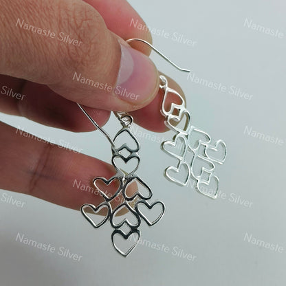 Geometric Heart Dangle Earrings, Handcrafted 925 Sterling Silver Heart Jewelry, Heart to Heart Dangle Earrings for Women, Gift For Her