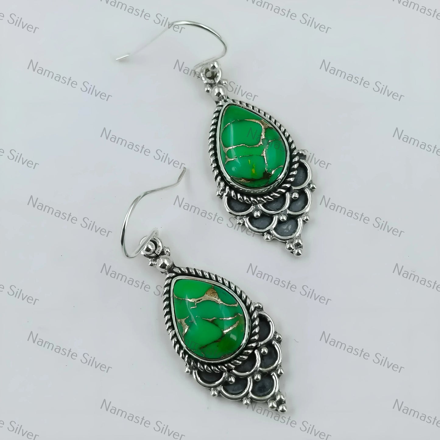 Green Copper Turquoise Dangle Earrings, 925 Sterling Silver Handmade Boho Jewelry, Pear-Shaped Gemstones, December Birthstone, Gift for Her