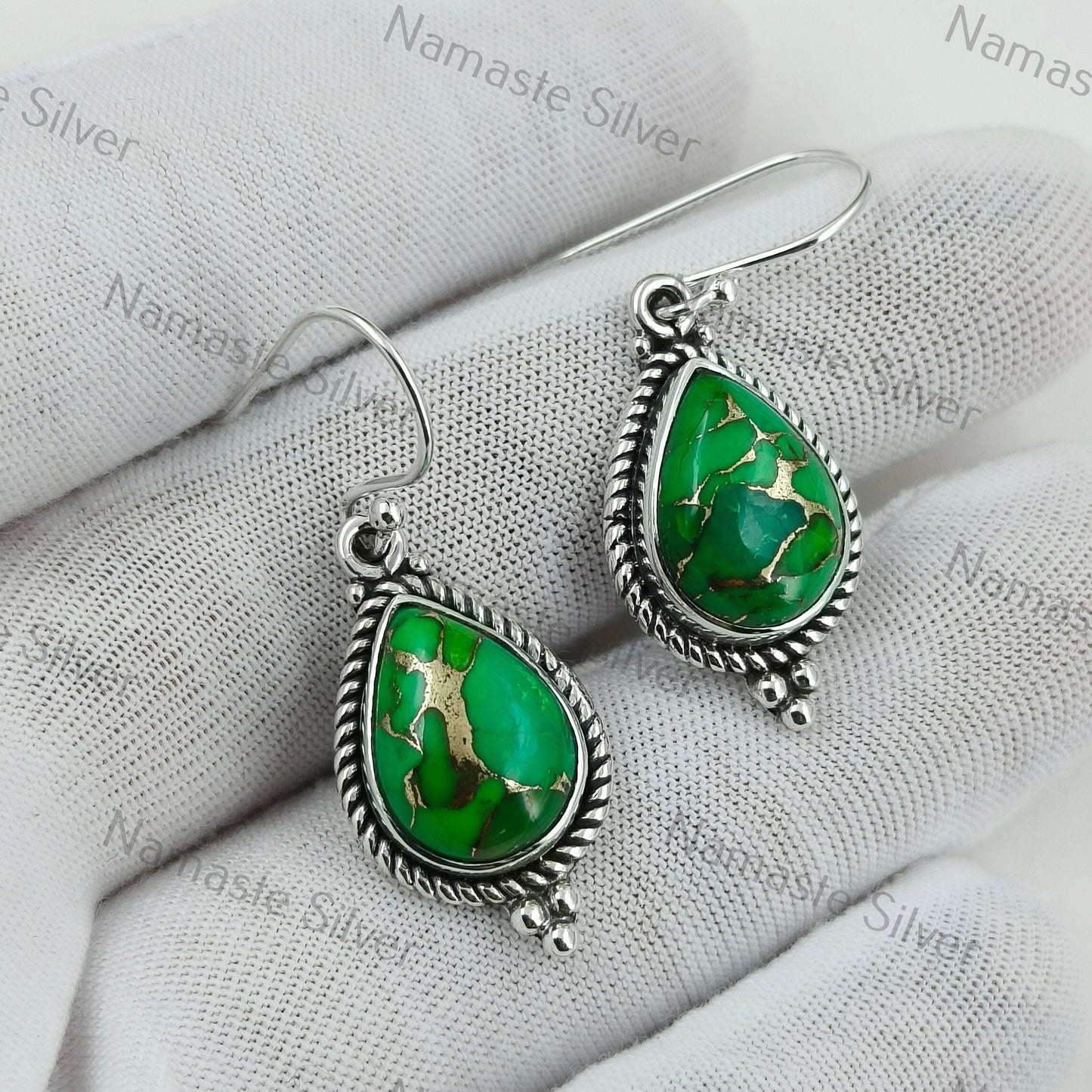 Green Turquoise Earrings, Sterling Silver Dangle Earrings, Green Copper Turquoise Handmade Boho Jewelry, December Birthstone, Gift for Her