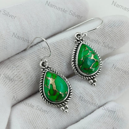Green Turquoise Earrings, Sterling Silver Dangle Earrings, Green Copper Turquoise Handmade Boho Jewelry, December Birthstone, Gift for Her