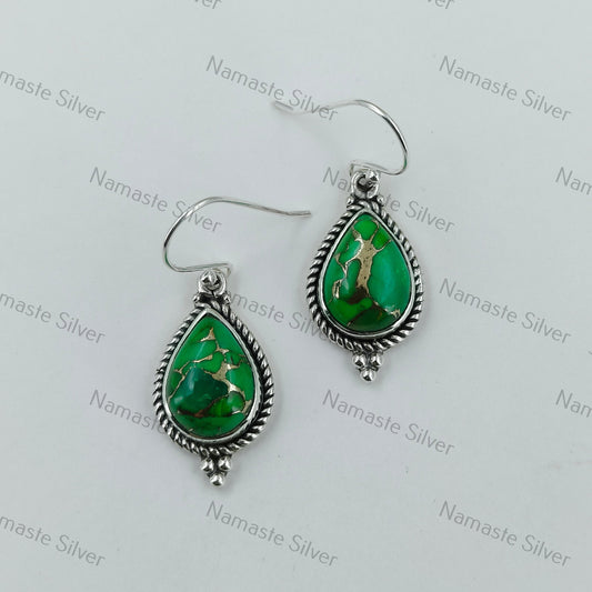 Green Turquoise Earrings, Sterling Silver Dangle Earrings, Green Copper Turquoise Handmade Boho Jewelry, December Birthstone, Gift for Her