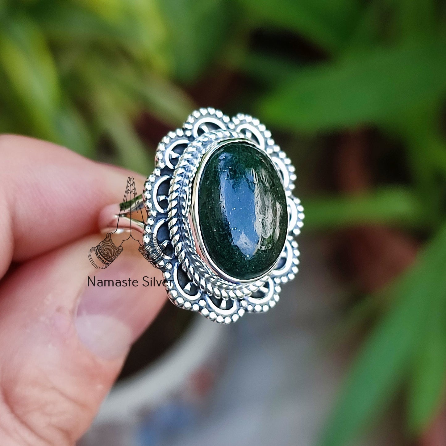 Green Jade Ring, 925 Sterling Silver Statement Promise Ring, Natural Jade Oval Gemstone Handmade Boho Jewelry, March Birthstone Gift for Her