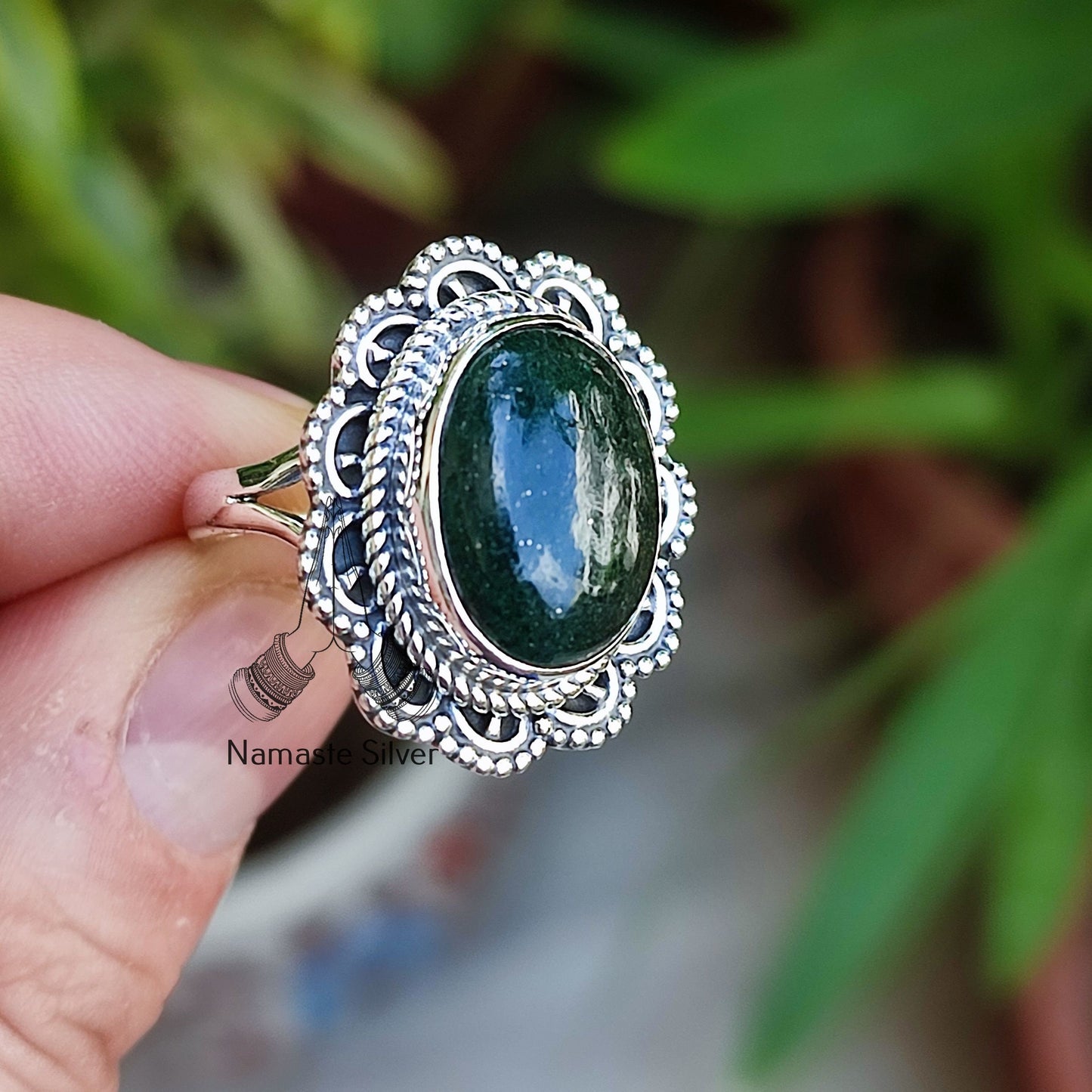 Green Jade Ring, 925 Sterling Silver Statement Promise Ring, Natural Jade Oval Gemstone Handmade Boho Jewelry, March Birthstone Gift for Her