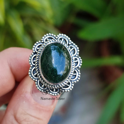 Green Jade Ring, 925 Sterling Silver Statement Promise Ring, Natural Jade Oval Gemstone Handmade Boho Jewelry, March Birthstone Gift for Her
