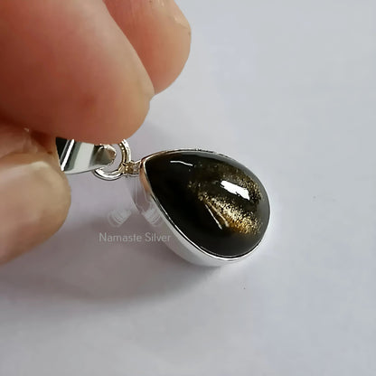 Gold Sheen Obsidian Pendant, 925 Sterling Silver Handmade Locket, Natural Gold Sheen Obsidian Pear Shape Gemstone Jewelry, Gift for Her