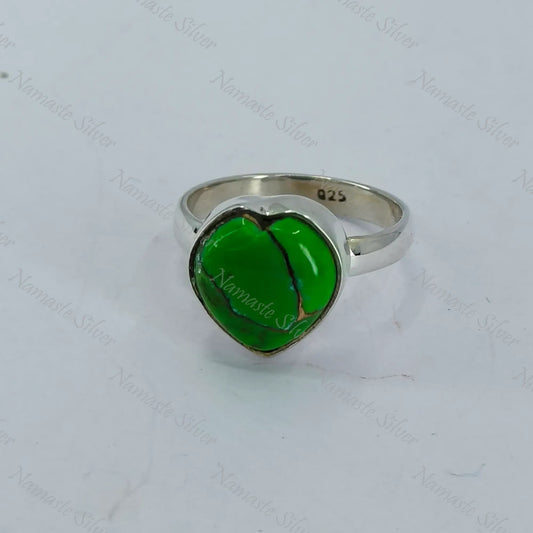 Green Turquoise Ring, 925 Sterling Silver Statement Promise Ring, Green Copper Turquoise Heart Shape Gemstone Handmade Jewelry, Gift for her