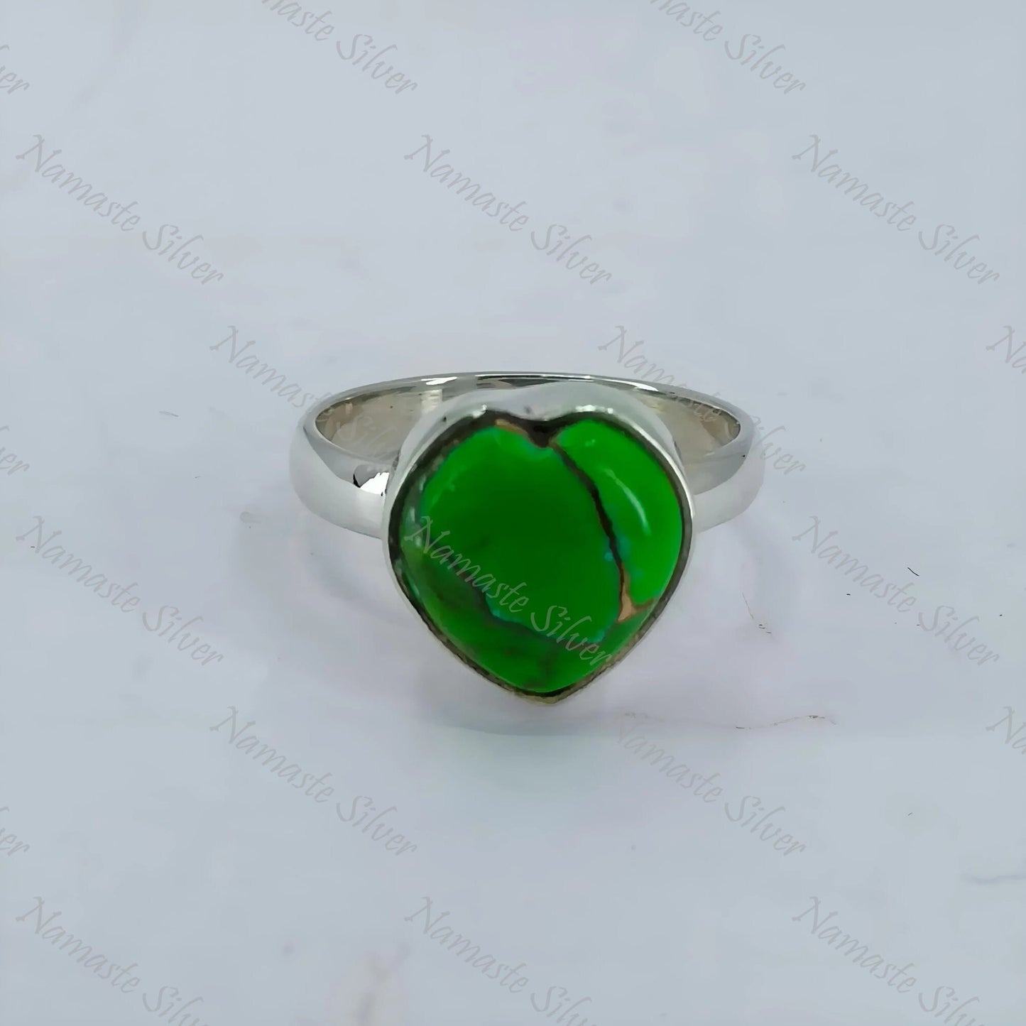 Green Turquoise Ring, 925 Sterling Silver Statement Promise Ring, Green Copper Turquoise Heart Shape Gemstone Handmade Jewelry, Gift for her