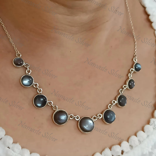 Grey Moonstone Necklace, 925 Sterling Silver Handmade Necklace, Natural Grey Moonstone Round Gemstone Jewelry, June Birthstone, Gift for her