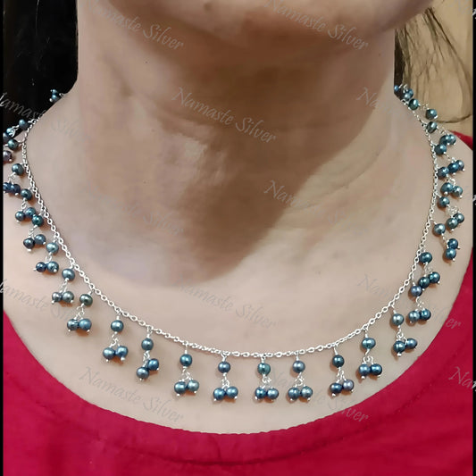 Grey Pearl Necklace, 925 Sterling Silver Choker Necklace, Freshwater Grey Pearl Beads Handmade Boho Jewelry, June Birthstone, Gift for Her