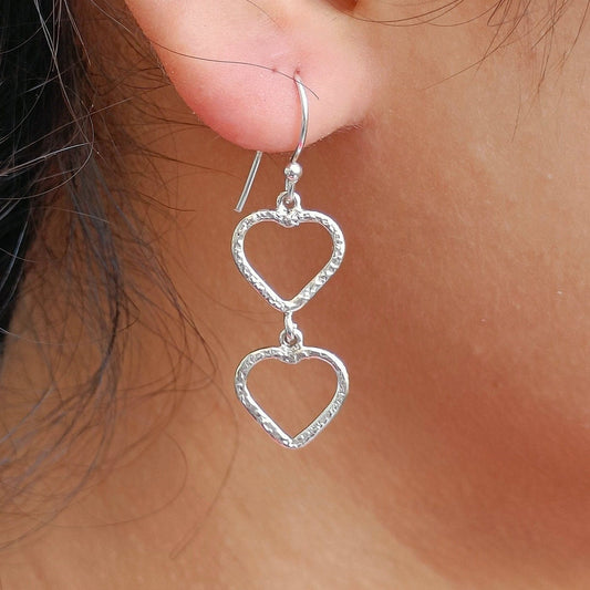 Heart Earrings, 925 Sterling Silver Dual Heart Dangle Drop Earrings, Handmade Heart Shape Jewelry, Minimalist Light Weight, Gift For Her