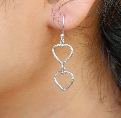 Heart Earrings, 925 Sterling Silver Dual Heart Dangle Drop Earrings, Handmade Heart Shape Jewelry, Minimalist Light Weight, Gift For Her