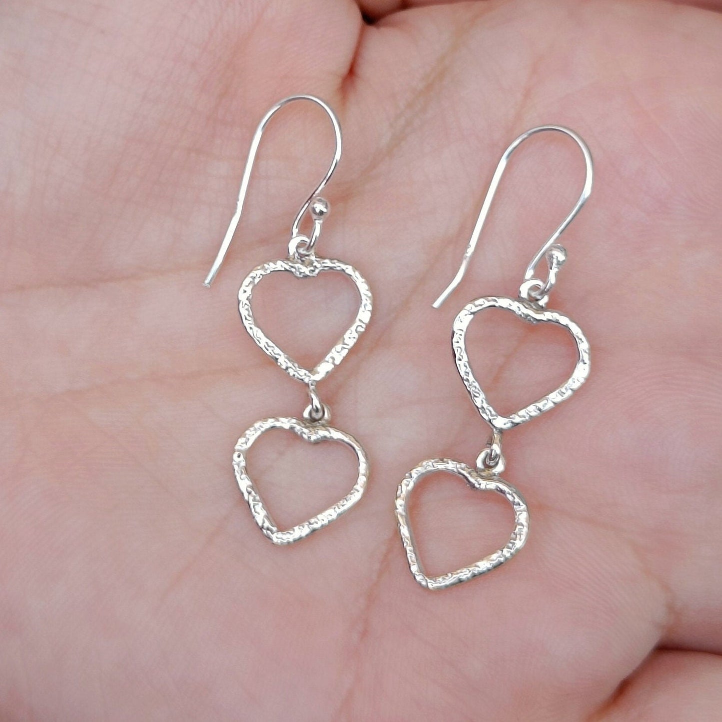 Heart Earrings, 925 Sterling Silver Dual Heart Dangle Drop Earrings, Handmade Heart Shape Jewelry, Minimalist Light Weight, Gift For Her