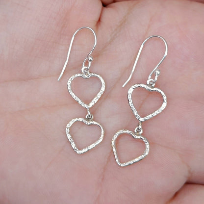 Heart Earrings, 925 Sterling Silver Dual Heart Dangle Drop Earrings, Handmade Heart Shape Jewelry, Minimalist Light Weight, Gift For Her