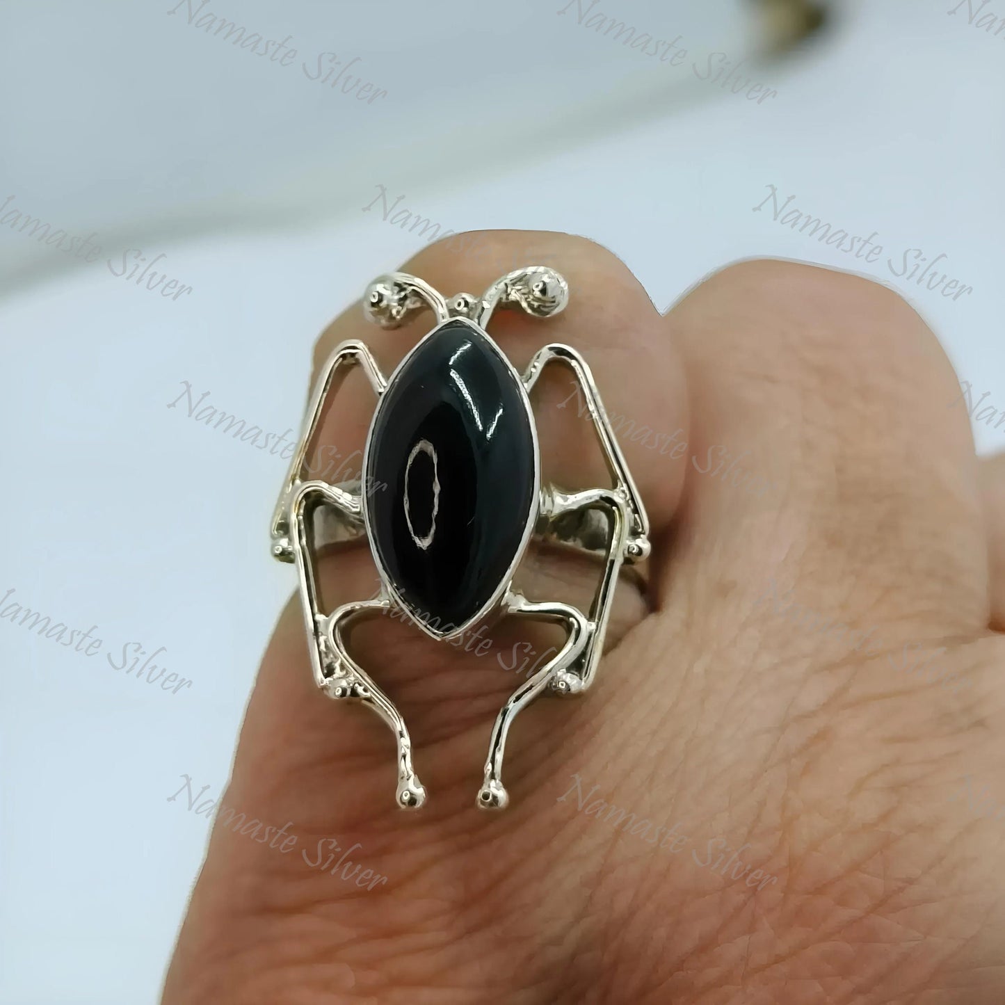 Insect Ring, Handmade 925 Sterling Silver Insect Jewelry, Natural Black Gemstone Marquise Bug Ring, July Birthstone, Gift for her