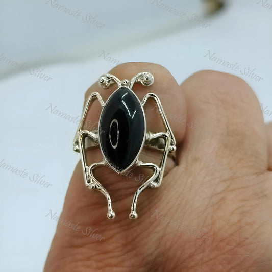 Insect Ring, Handmade 925 Sterling Silver Insect Jewelry, Natural Black Gemstone Marquise Bug Ring, July Birthstone, Gift for her