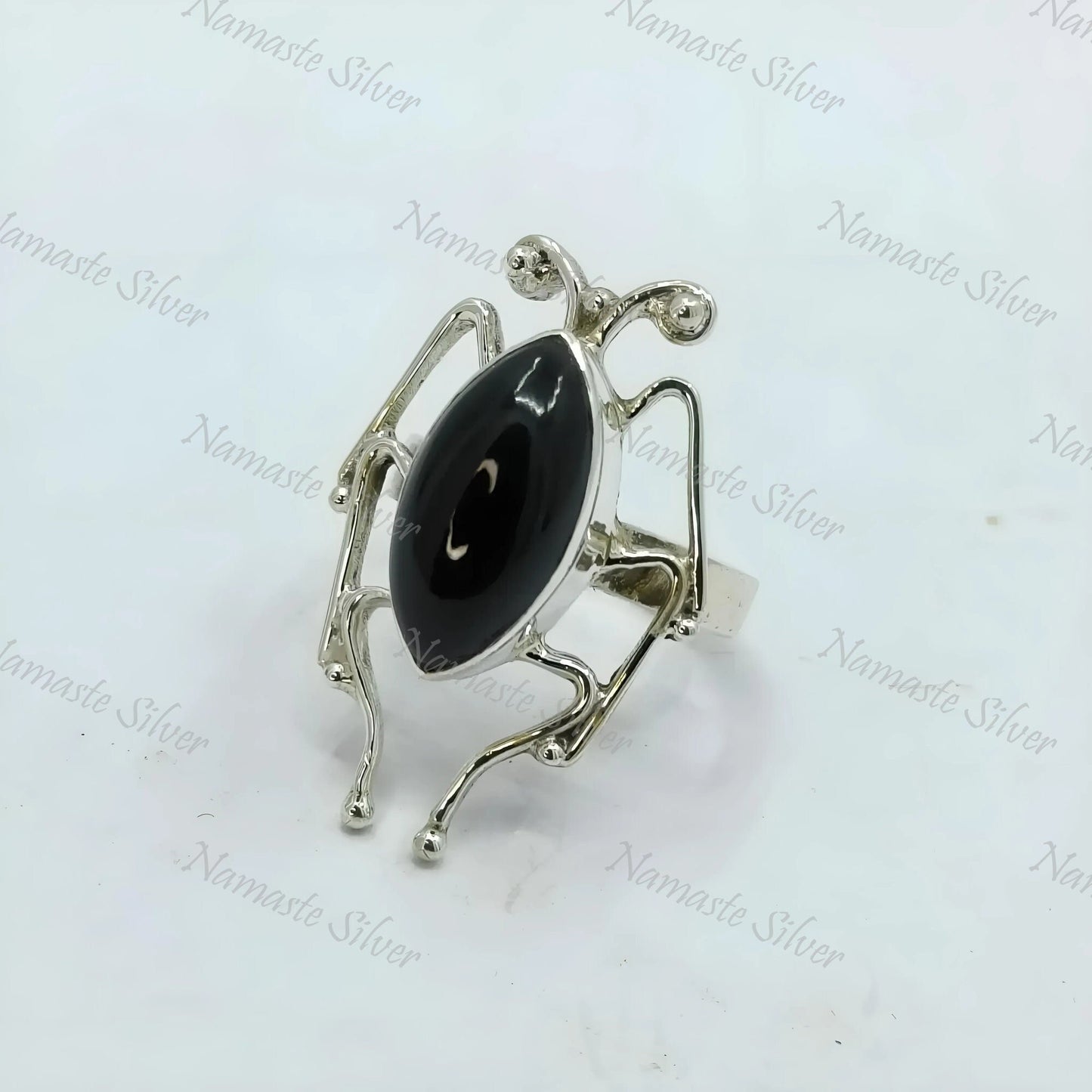 Insect Ring, Handmade 925 Sterling Silver Insect Jewelry, Natural Black Gemstone Marquise Bug Ring, July Birthstone, Gift for her