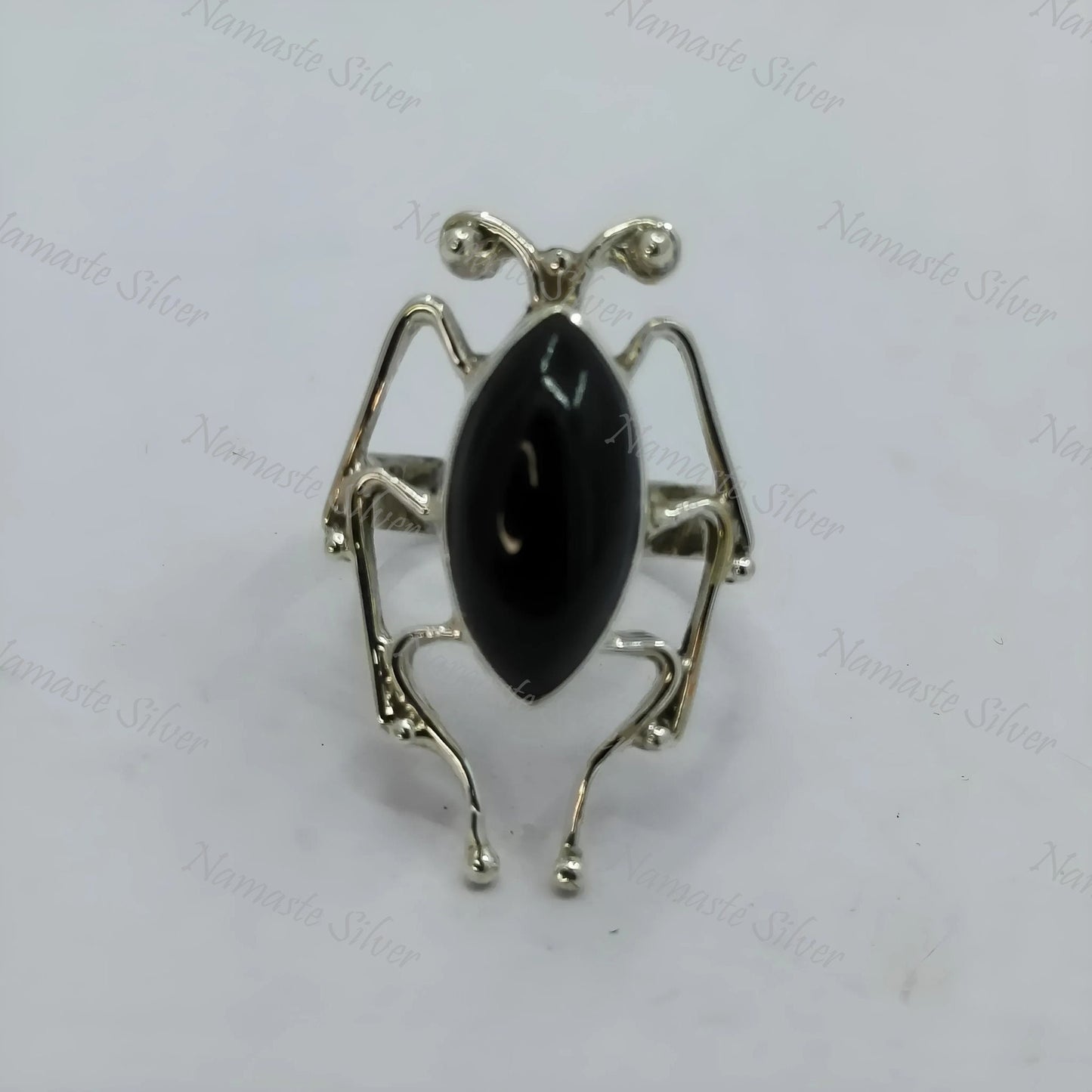 Insect Ring, Handmade 925 Sterling Silver Insect Jewelry, Natural Black Gemstone Marquise Bug Ring, July Birthstone, Gift for her