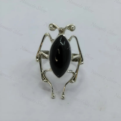 Insect Ring, Handmade 925 Sterling Silver Insect Jewelry, Natural Black Gemstone Marquise Bug Ring, July Birthstone, Gift for her