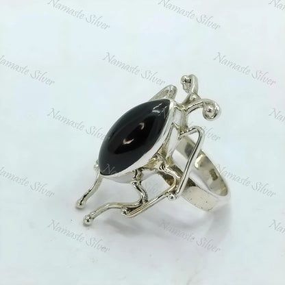 Insect Ring, Handmade 925 Sterling Silver Insect Jewelry, Natural Black Gemstone Marquise Bug Ring, July Birthstone, Gift for her