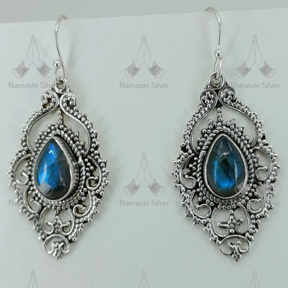Labradorite Earrings, 925 Sterling Silver Handmade Dangle Earrings, Natural Labradorite Pear Shape Gemstone Jewelry, Birthstone Gift for Her