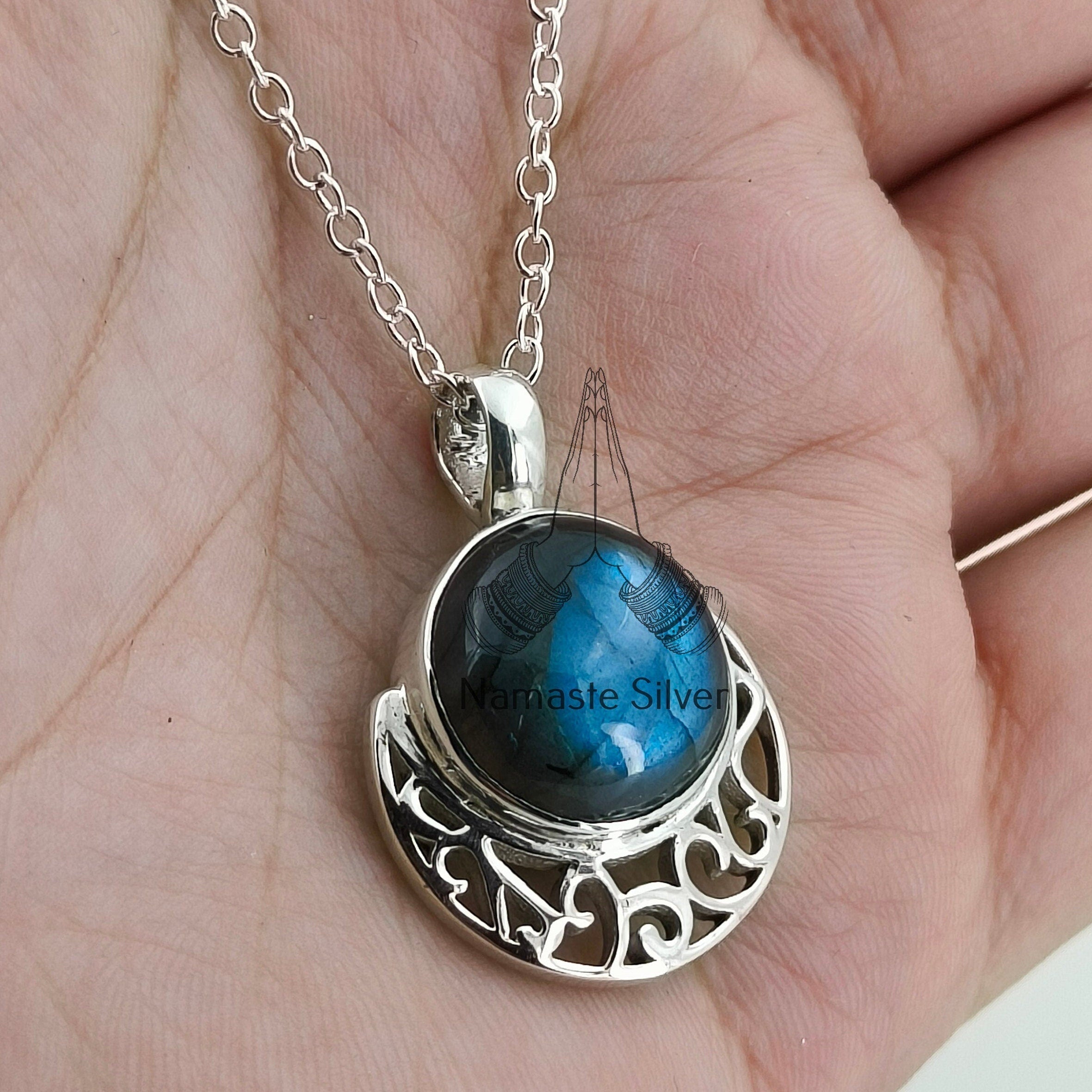 Labradorite Necklace, 925 Sterling Silver Handmade Necklace, Natural Labradorite Round Gemstone Pendant Jewelry, Gift for Her,