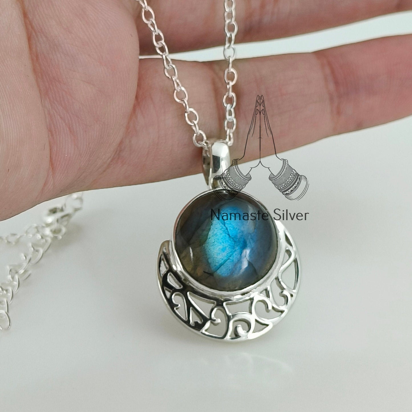 Labradorite Necklace, 925 Sterling Silver Handmade Necklace, Natural Labradorite Round Gemstone Pendant Jewelry, Gift for Her,