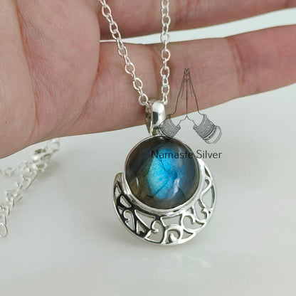 Labradorite Necklace, 925 Sterling Silver Handmade Necklace, Natural Labradorite Round Gemstone Pendant Jewelry, Gift for Her,