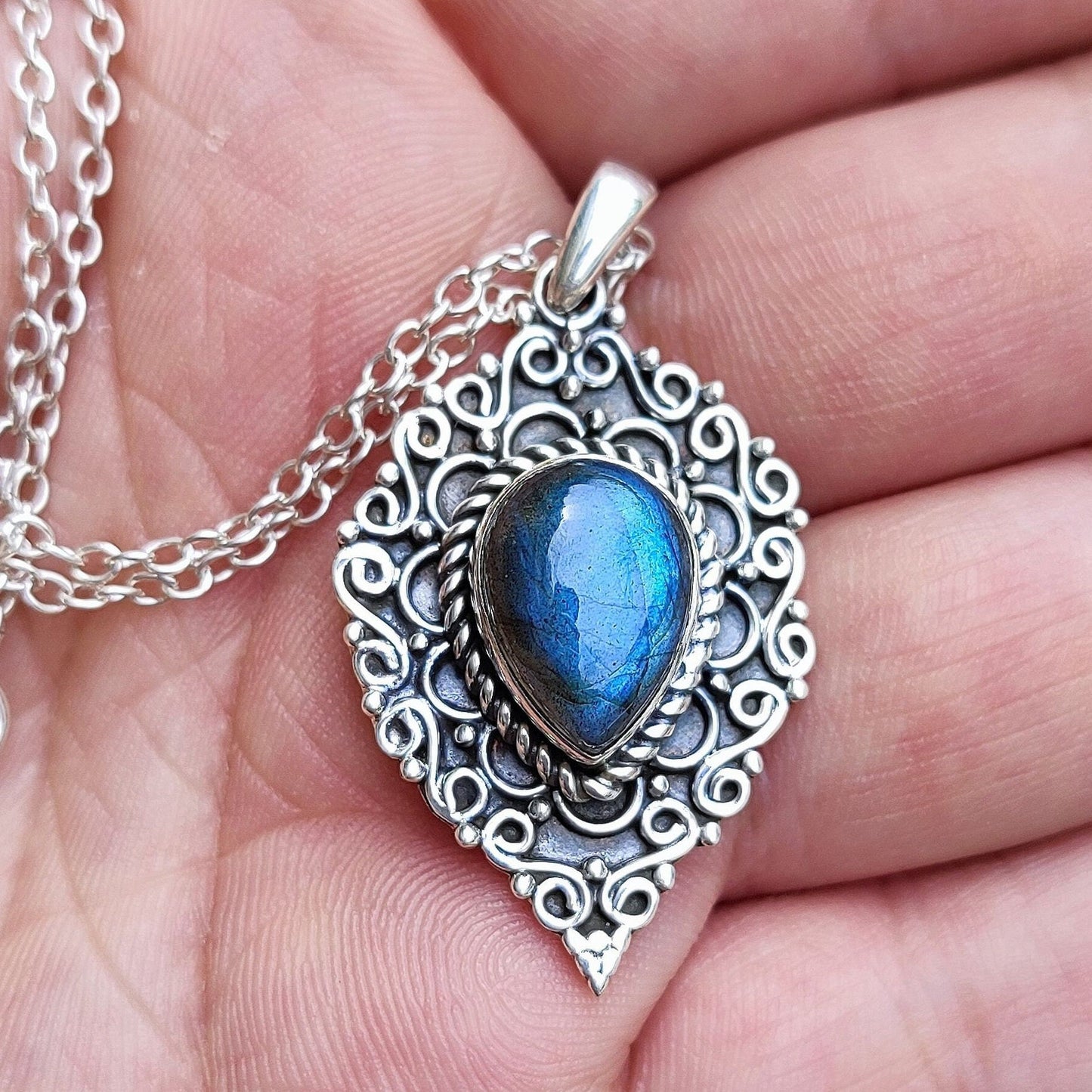 Labradorite Necklace, 925 Sterling Silver Pendant, Natural Labradorite Pear Shape Gemstone Handmade Boho Jewelry, Birthstone Gift For Her