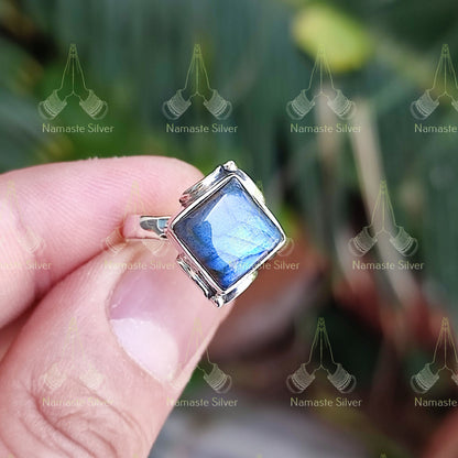 Labradorite Ring, 925 Sterling Silver Handmade Promise Ring, Natural Labradorite Square Gemstone Jewelry, Birthstone Gift for her Birthday