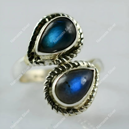 Labradorite Ring, 925 Sterling Silver Dual Gemstone Ring, Natural Labradorite Pear shape Handmade Jewelry, March Birthstone, Gift for her