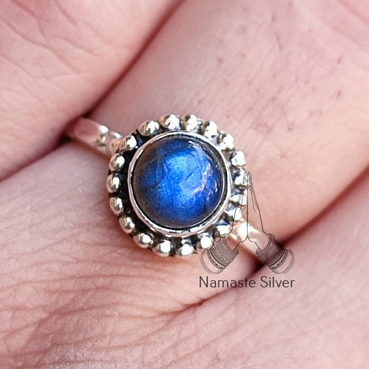 Labradorite Stone Ring, 925 Sterling Silver Handmade Promise Ring, Natural Labradorite Round Gemstone Jewelry, Gift for Her Birthday