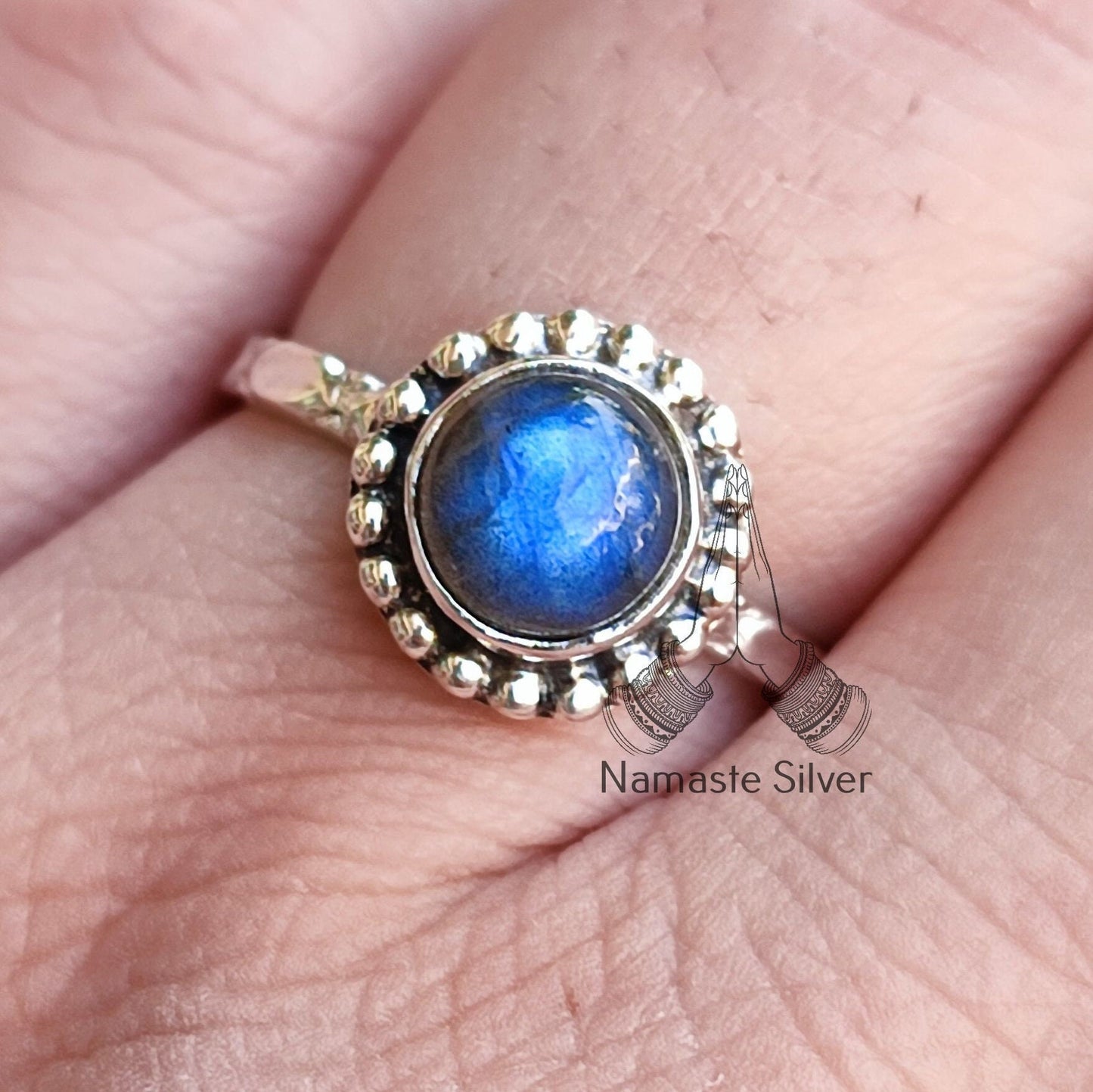 Labradorite Stone Ring, 925 Sterling Silver Handmade Promise Ring, Natural Labradorite Round Gemstone Jewelry, Gift for Her Birthday