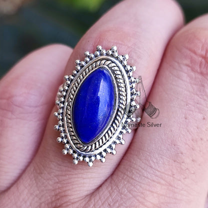 Lapis Lazuli Ring, 925 Sterling Silver Promise Ring, Natural Blue Gemstone Marquise Handmade Boho Jewelry, September Birthstone Gift for her