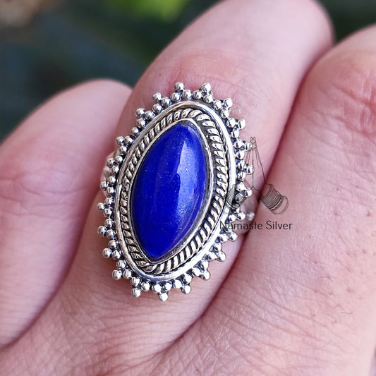 Lapis Lazuli Ring, 925 Sterling Silver Promise Ring, Natural Blue Gemstone Marquise Handmade Boho Jewelry, September Birthstone Gift for her