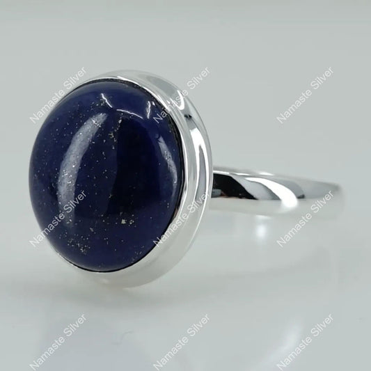 Lapis Lazuli Ring, 925 Sterling Silver Promise Ring, Natural Blue Lapis Gemstone Round Handmade Jewelry, September Birthstone, Gift for Her