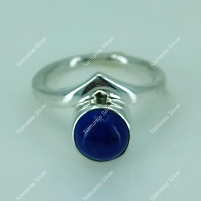 Lapis Lazuli Ring, 925 Sterling Silver Promise Ring, Natural Blue Lapis Round Gemstone Handmade Jewelry, September Birthstone, Gift for Her