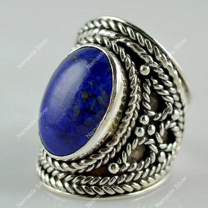 Lapis Lazuli Ring, 925 Sterling Silver Promise Chunky Ring, Natural Blue Gemstone Oval Handmade Jewelry, September Birthstone, Gift for Her