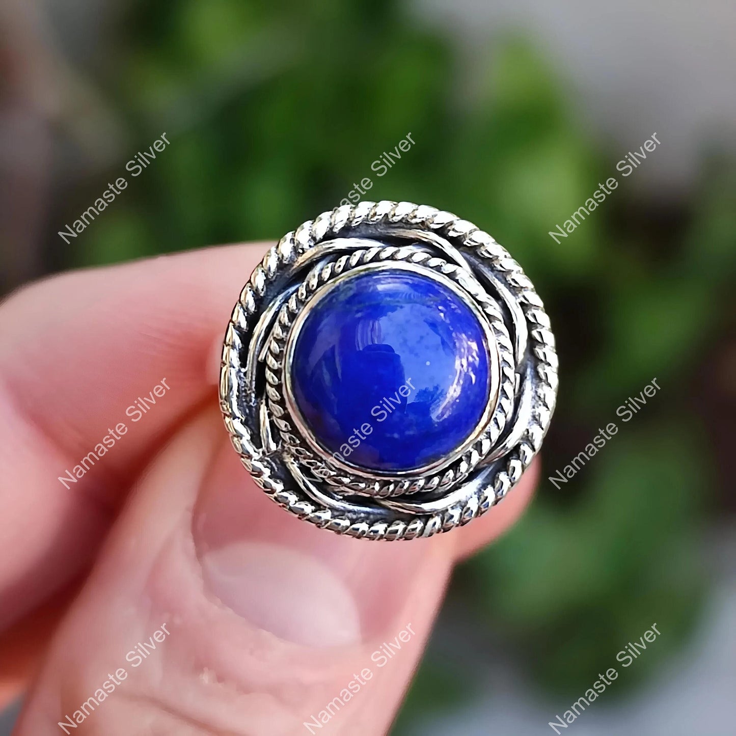 Lapis Lazuli Ring, 925 Sterling Silver Promise Ring, Natural Blue Round Gemstone, September Birthstone Gift for Her, Handmade Boho Jewelry