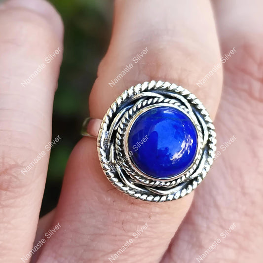 Lapis Lazuli Ring, 925 Sterling Silver Promise Ring, Natural Blue Round Gemstone, September Birthstone Gift for Her, Handmade Boho Jewelry