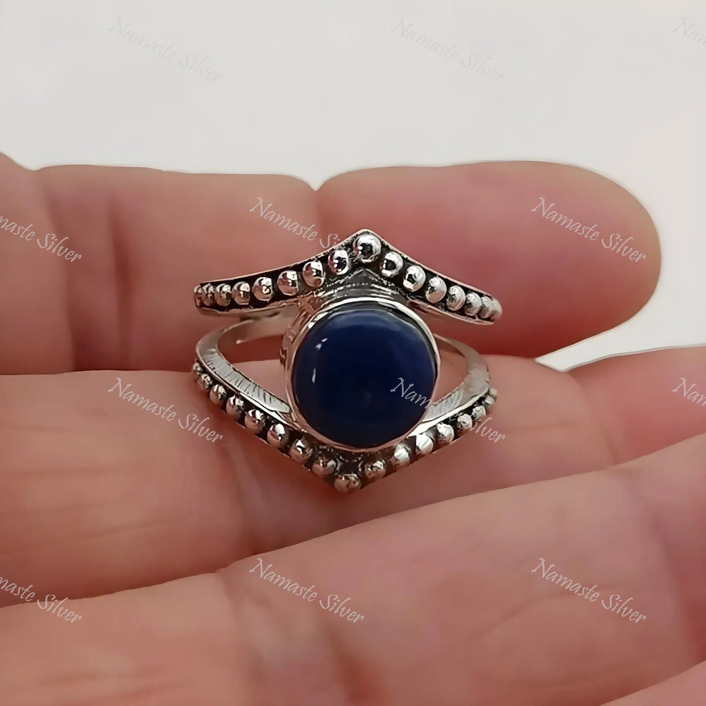 Lapis Lazuli Ring, 925 Sterling Silver Statement Promise Ring, Natural Lapis Round Gemstone Handmade Boho Jewelry, September Birthstone Gift