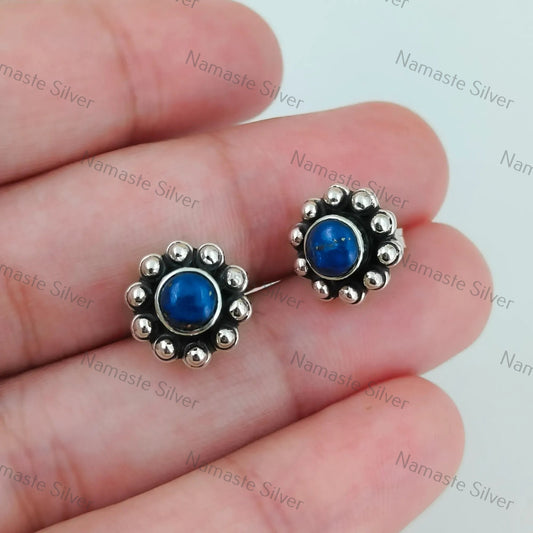 Lapis Lazuli Stud Earrings, 925 Sterling Silver Stud Posts, Natural Blue Round Gemstone Handmade Jewelry, September Birthstone, Gift For Her