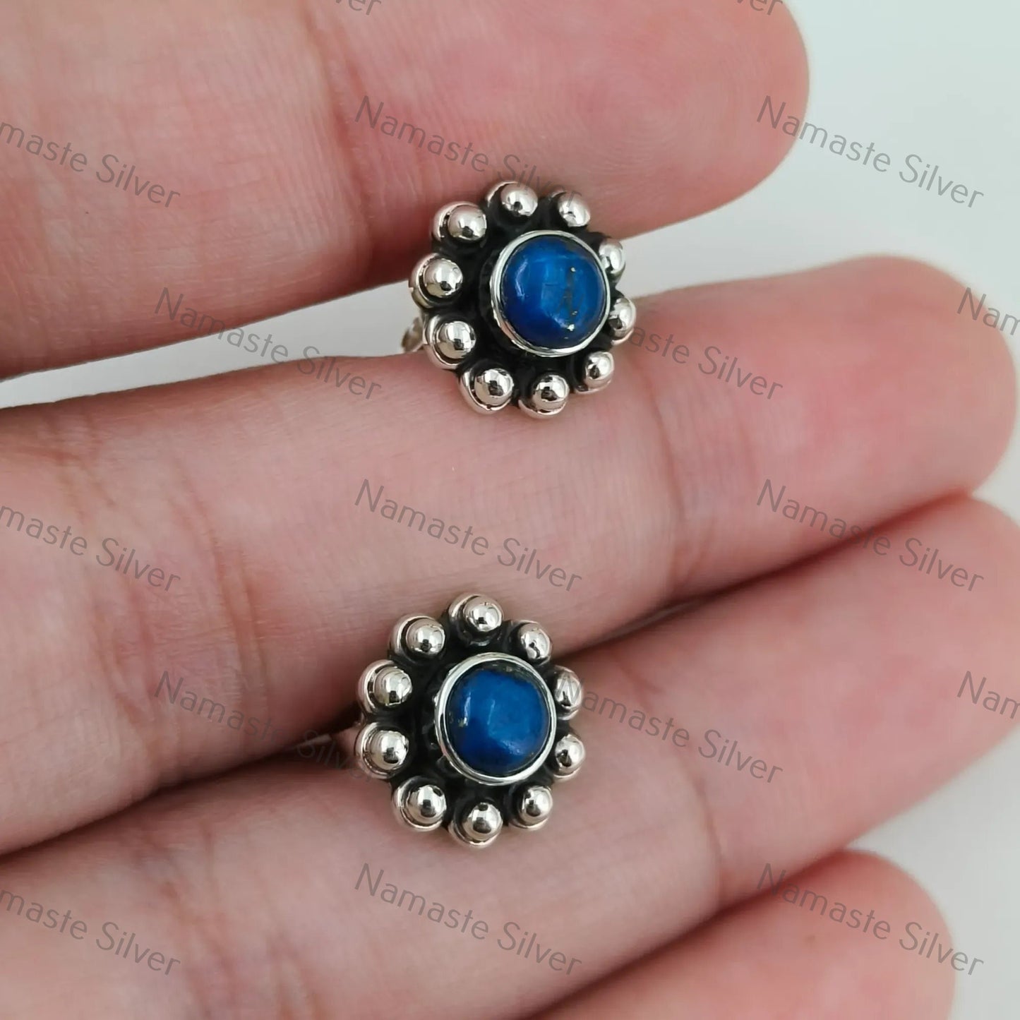 Lapis Lazuli Stud Earrings, 925 Sterling Silver Stud Posts, Natural Blue Round Gemstone Handmade Jewelry, September Birthstone, Gift For Her